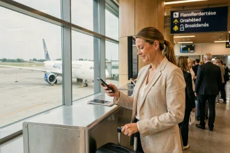 Voyageuse fréquente utilisant l'embarquement prioritaire Volotea dans un aéroport régional moderne