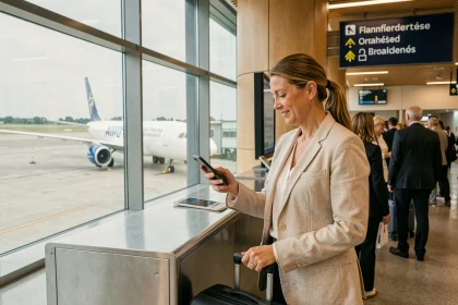 Voyageuse fréquente utilisant l'embarquement prioritaire Volotea dans un aéroport régional moderne