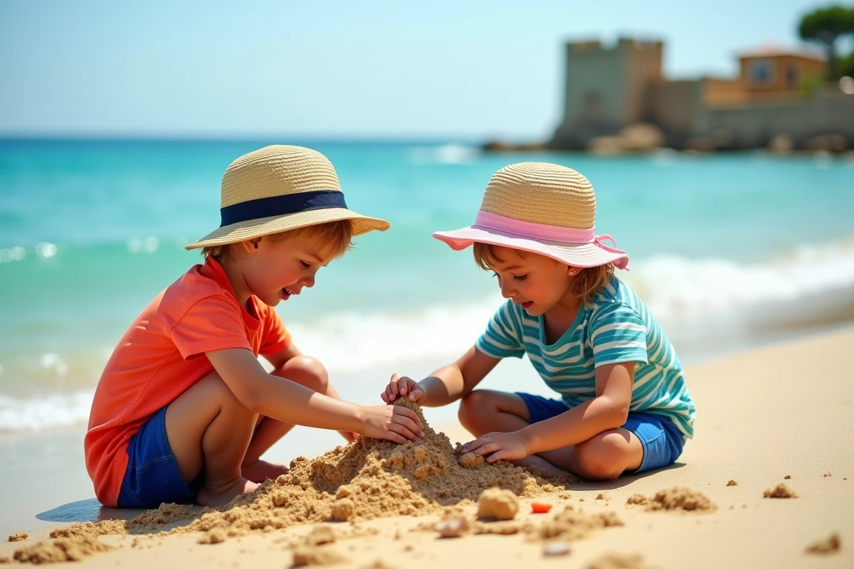 Deux enfants construisent un château de sable à Fautea