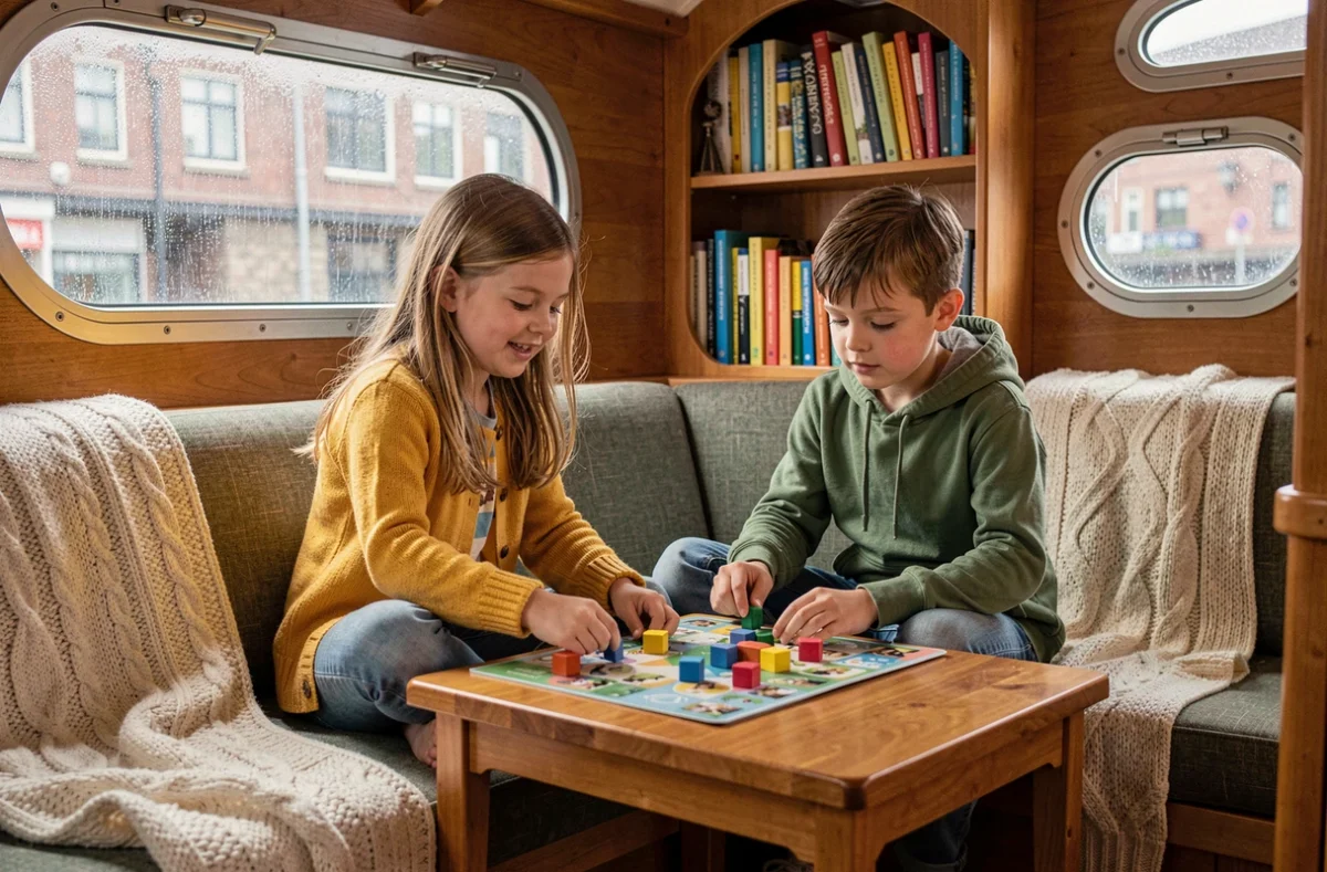 Deux enfants jouant à un jeu de société dans le salon intérieur d'une péniche confortable sur les quais de Toulouse