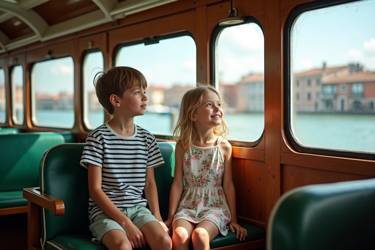 Enfants regardant par la fenêtre d'un vaporetto en traversant la lagune de Venise