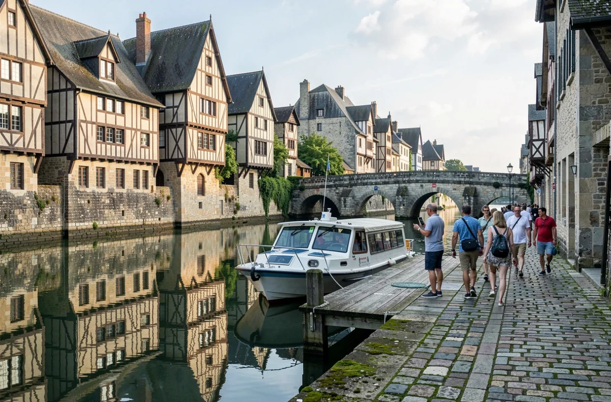 Escale à Dinan depuis la Rance avec des touristes débarquant au port médiéval aux maisons à colombages et viaduc en pierre