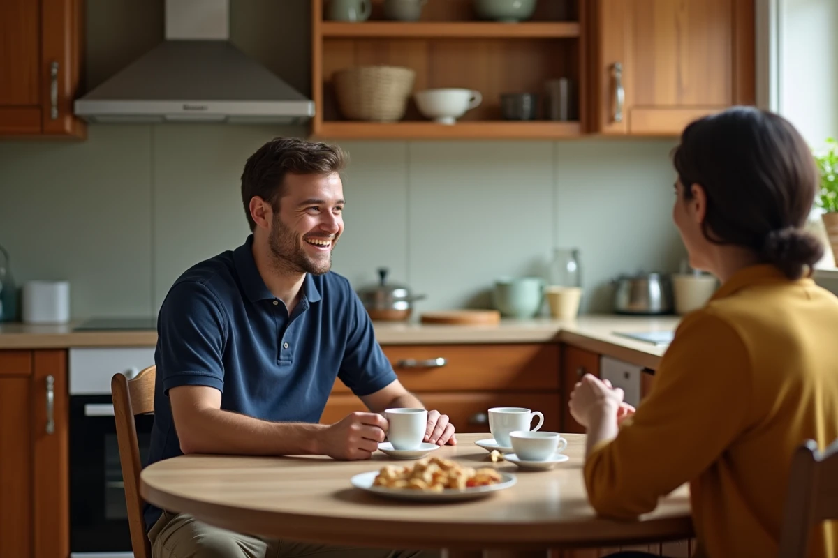 Étudiant en séjour linguistique échangeant avec sa famille d'accueil autour d'un repas, illustrant l'immersion culturelle et linguistique totale