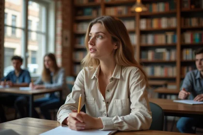 Étudiante en immersion linguistique dans une salle de classe à l'étranger, prenant des notes attentivement lors d'un cours de langue
