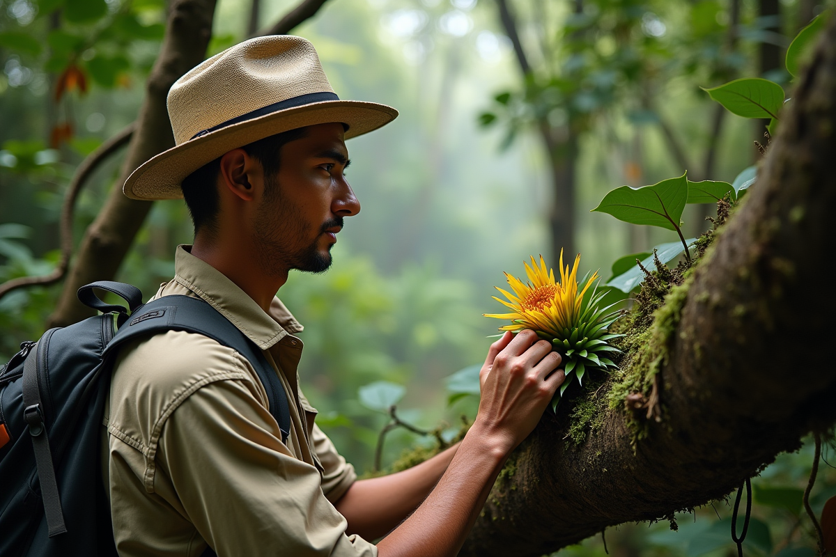 Jeune explorateur dans la forêt amazonienne examinant une broméliade