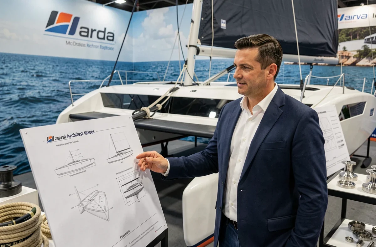 Exposant professionnel présentant un catamaran lors du Salon Nautique International de Paris