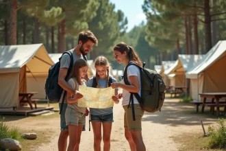 Famille avec bagages à l'entrée d'un camping en France, comparant les options de vacances économiques à l'étranger