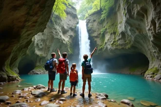 Famille avec enfants admirant la cascade de la Vis dans les gorges calcaires du sud de la France