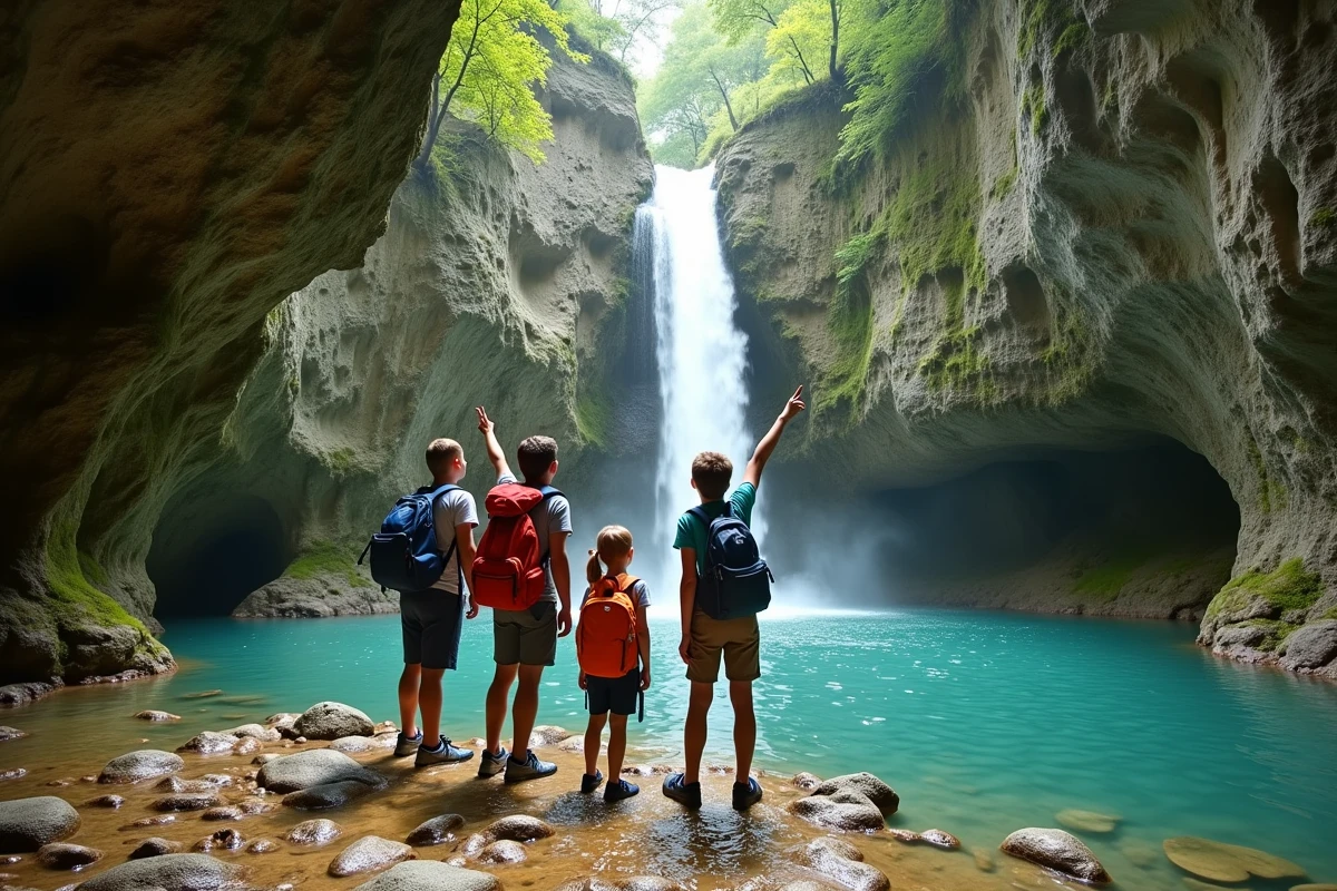Famille avec enfants admirant la cascade de la Vis dans les gorges calcaires du sud de la France