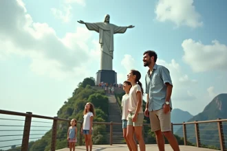 Famille avec enfants admirant la statue du Christ Rédempteur au Corcovado à Rio de Janeiro