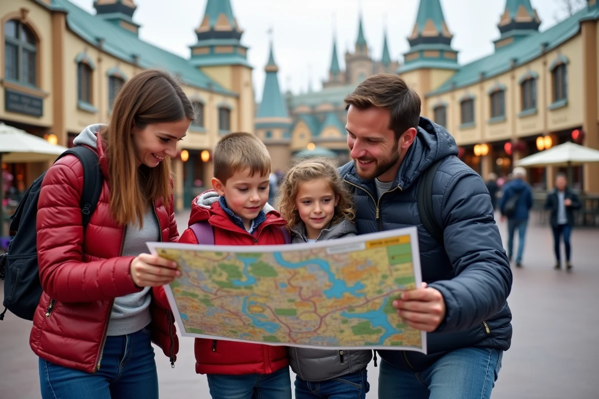 Famille de quatre devant une carte au parc Disney Studios