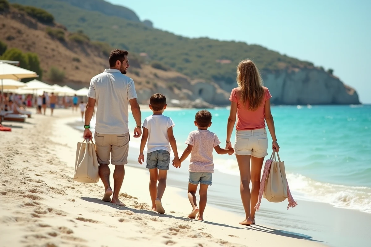 Famille cherchant une place sur une plage bondée près de Porto Cervo en Sardaigne en haute saison estivale