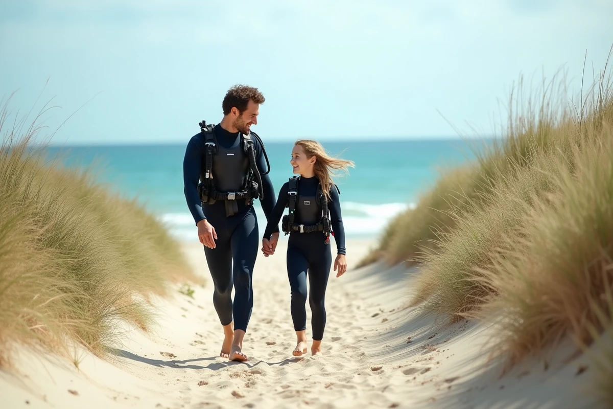 Famille en équipement de plongée marche vers la plage