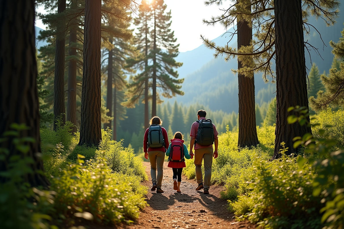Famille en randonnée dans un parc national en forêt