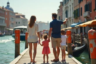 Famille avec enfants attendant le vaporetto à un arrêt du Grand Canal de Venise