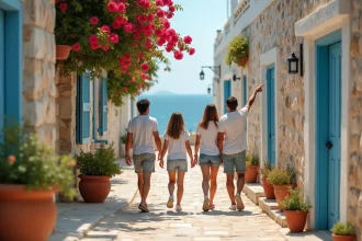 Famille explorant une ruelle typique du village de Chora à Kythira en Grèce, avec des maisons blanches et des bougainvillées colorées