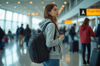 Jeune femme à l'aéroport avec sac à dos casual