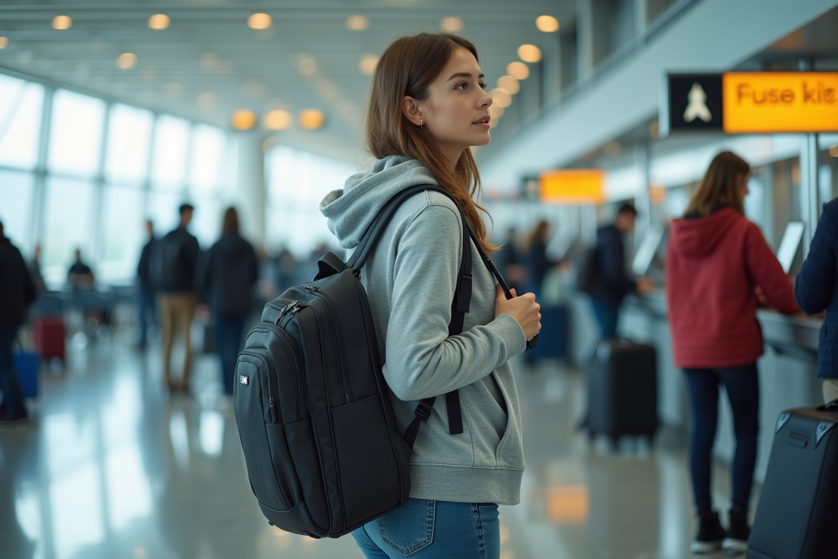Jeune femme à l'aéroport avec sac à dos casual