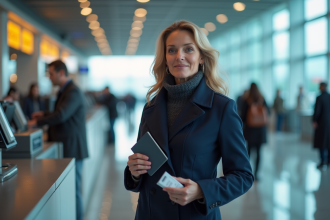 Femme d'âge moyen à l'aéroport avec passeport et billet
