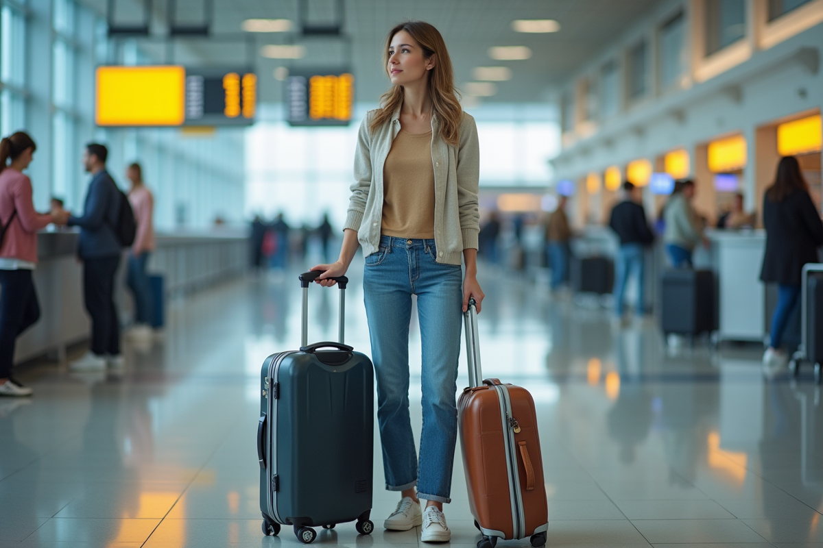 Femme dans la trentaine à l'aéroport avec valise et sac