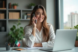 Femme souriante au téléphone dans un bureau moderne avec drapeau italien