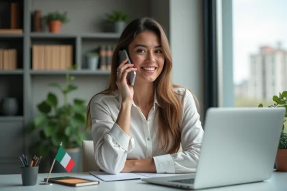 Femme souriante au téléphone dans un bureau moderne avec drapeau italien