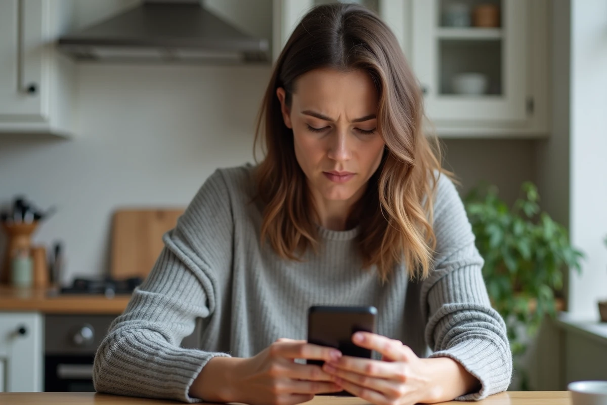 Femme regardant un appel entrant suspect sur son smartphone affichant un numéro inconnu avec le code 39