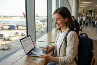 Femme consultant son assurance voyage sur un ordinateur portable dans un aéroport avant un départ à l'étranger en 2026