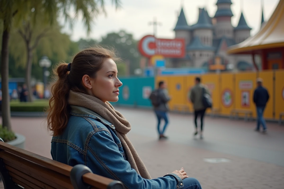 Jeune femme assise contemplant une attraction fermée au parc Disney