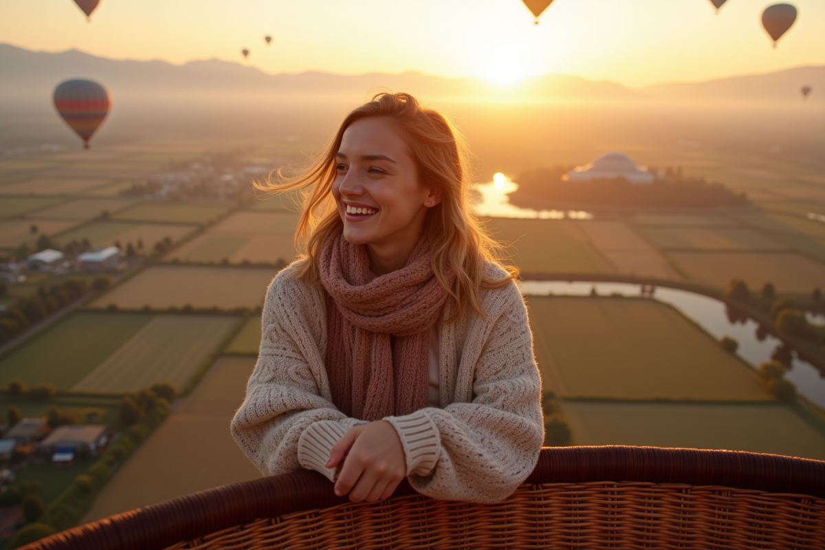 Jeune femme souriante dans un ballon au lever du soleil