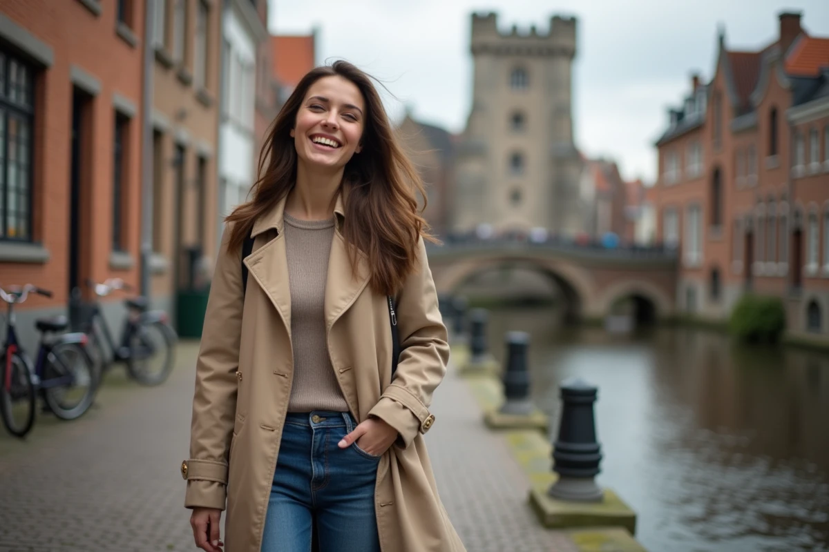 Jeune femme souriante dans une rue de Bruges avec canal et bâtiments