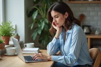 Femme dans un café regardant des avis sur son ordinateur portable