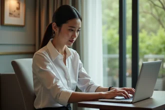 Femme travaillant sur un ordinateur dans un bureau d'hôtel moderne