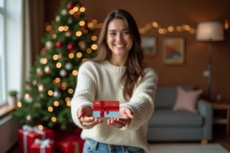 Femme souriante tenant une carte cadeau voyage festive