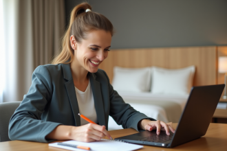 Femme souriante en blazer calculant dans un hôtel