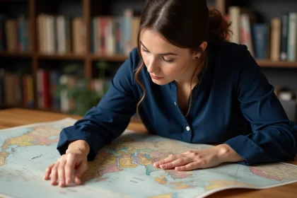 Femme étudiant une carte des fuseaux horaires monde posée sur un bureau en bois dans un bureau à domicile