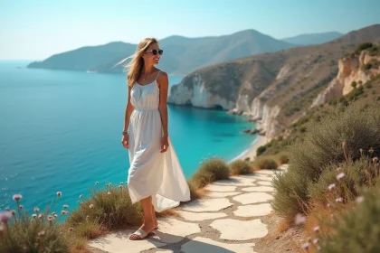 Femme en robe légère sur un sentier en Crete