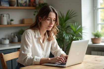 Jeune femme utilisant son ordinateur dans la cuisine