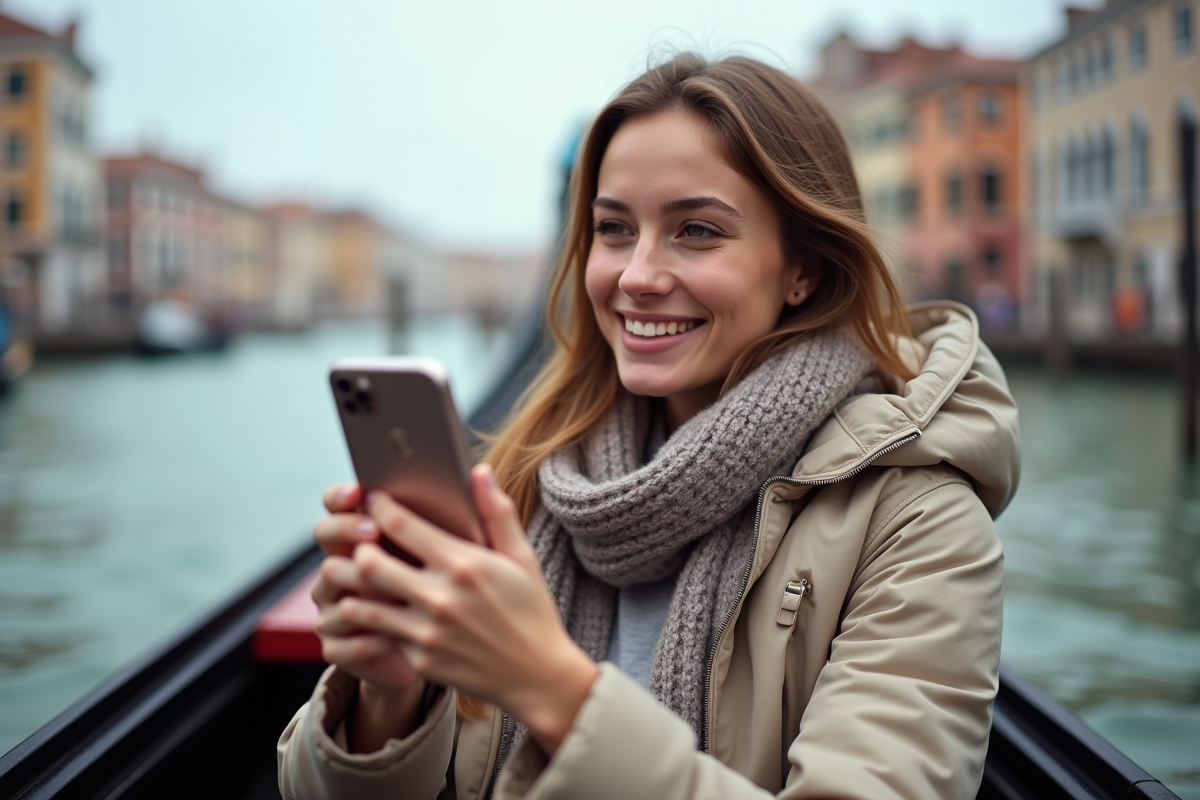 Jeune femme filme sa balade en gondola à Venise avec smartphone