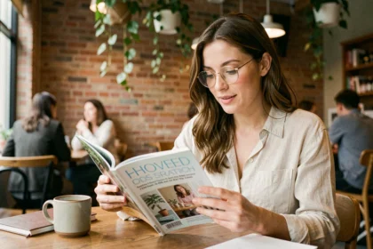 Femme lisant le magazine Epershand dans un café moderne, illustrant le lectorat cible de la publication lifestyle