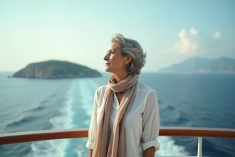 Femme élégante sur un bateau de croisière regardant l'océan