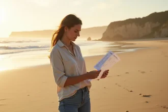 Femme consultant l'horaire des marées de Biarritz sur la Grande Plage au lever du soleil