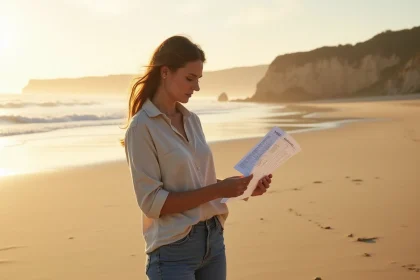 Femme consultant l'horaire des marées de Biarritz sur la Grande Plage au lever du soleil