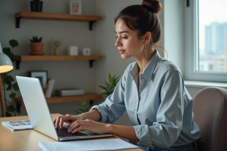 Jeune femme concentrée sur son inscription en ligne sur un ordinateur