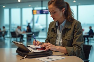 Femme organisée avec passeports et billets à l'aéroport