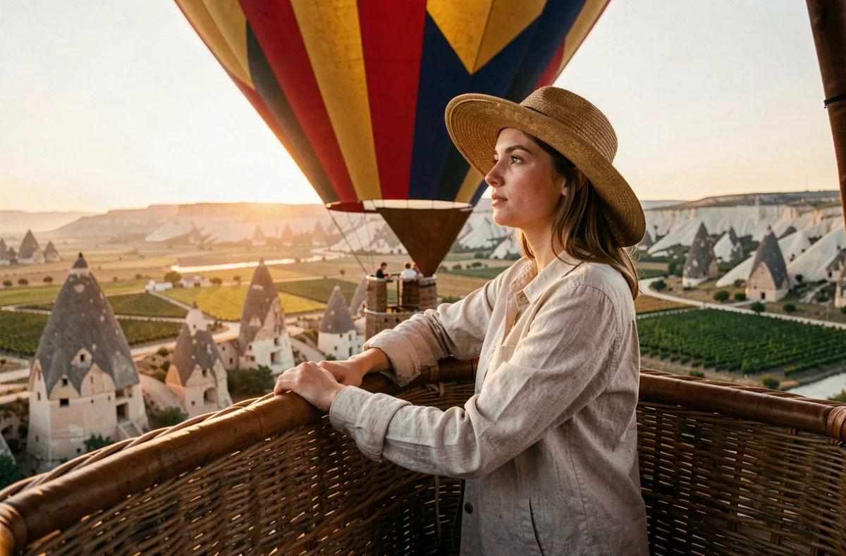 Femme regardant l'horizon depuis le panier d'une montgolfière au-dessus de la Cappadoce en Turquie lors d'un lever de soleil doré