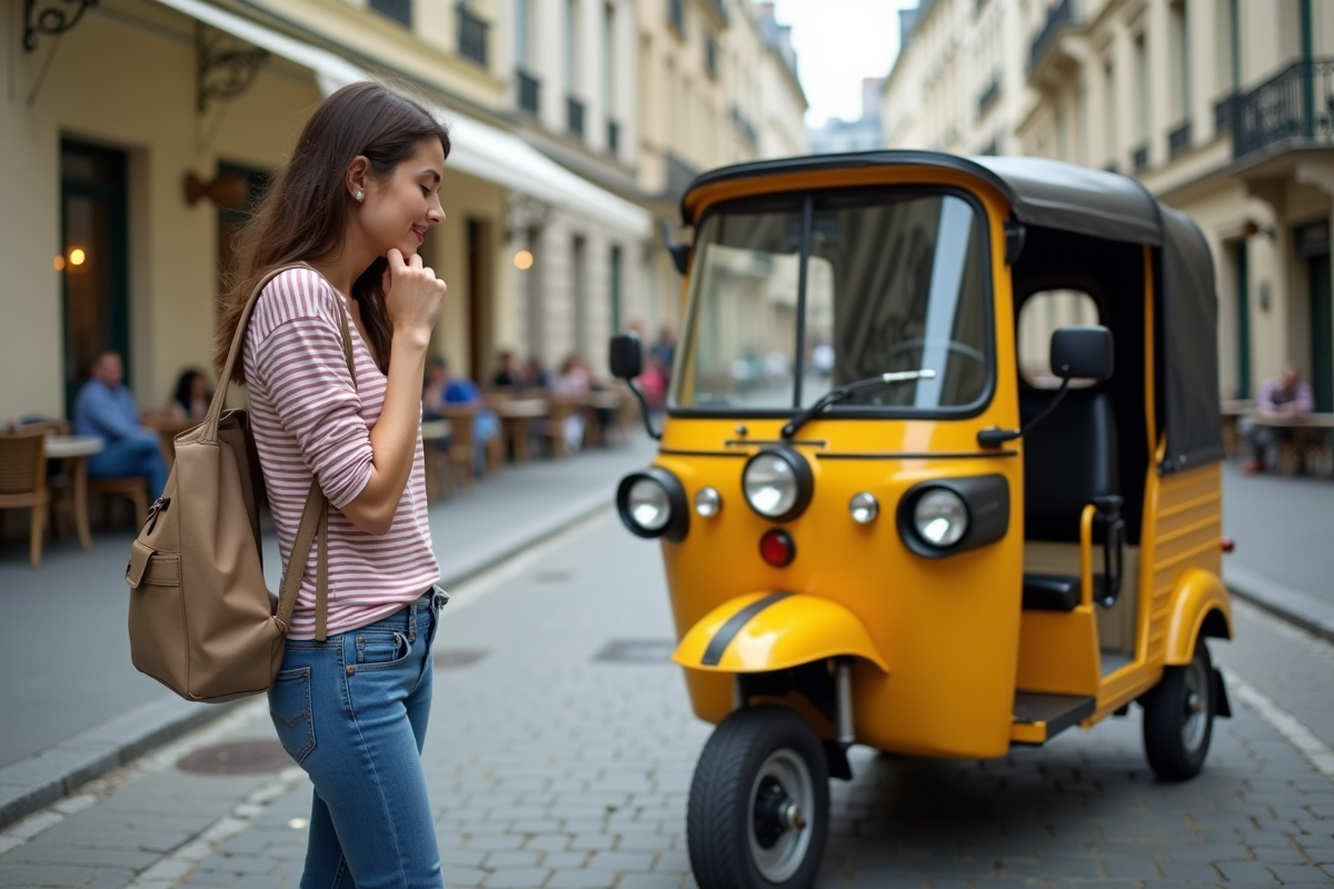 Jeune femme regardant un tuk tuk dans une place parisienne