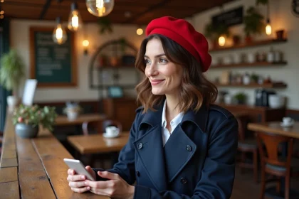 Femme élégante portant un trench et beret rouge dans un café parisien
