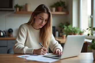 Femme remplissant un formulaire de passeport à la maison