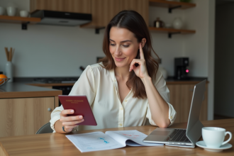 Femme regardant son passeport et visa dans la cuisine